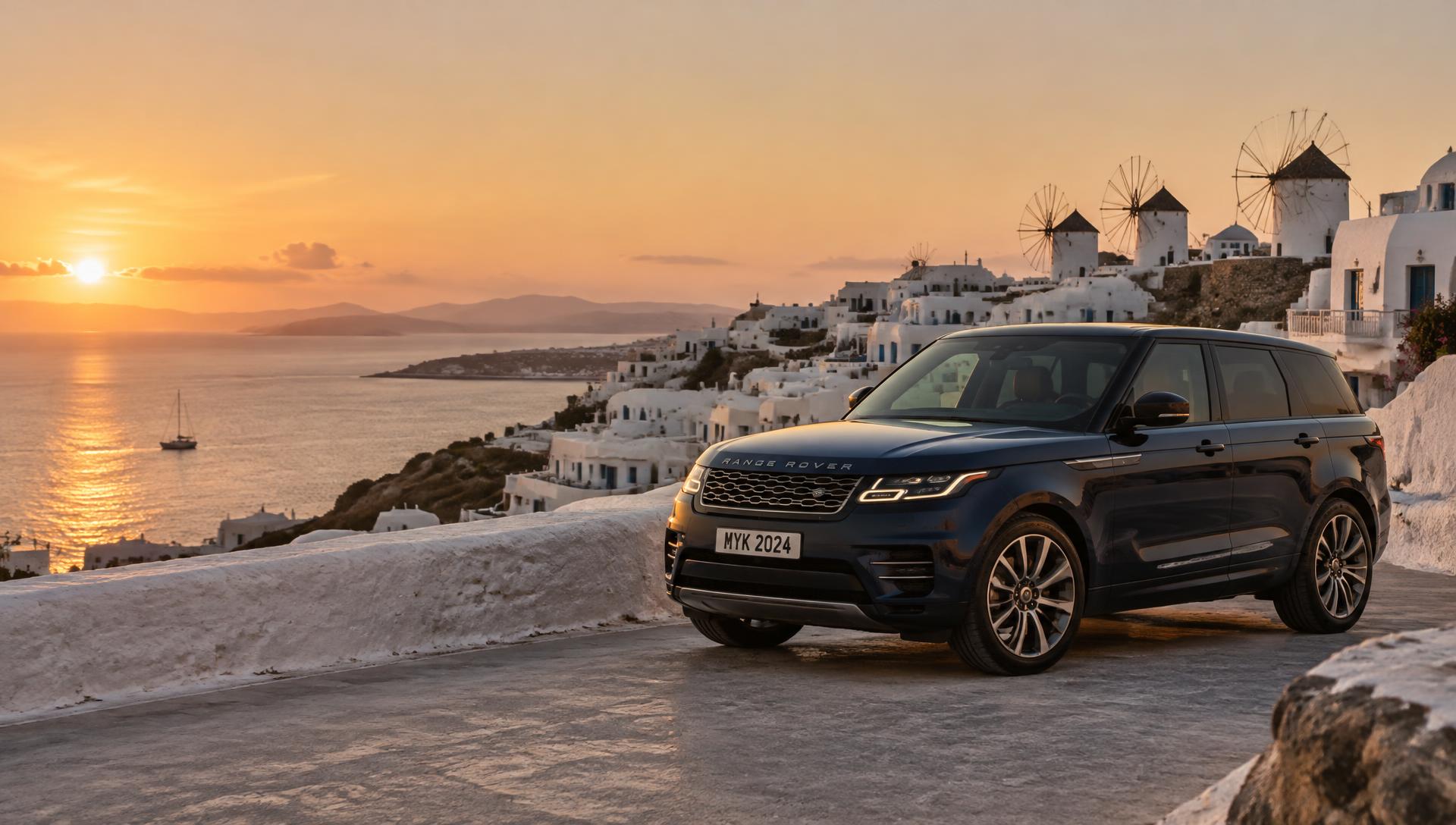 SUV on a Mykonos hillside road at sunset
